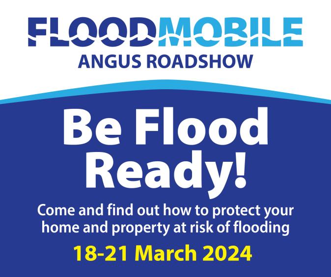 text image with Floodmobile Angus roadshow be flood ready! 