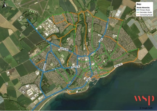 map of Arbroath showing potential routes that could be developed to make suitable for active travel