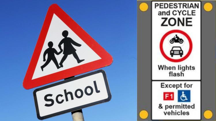 school traffic sign with pedestrian zone sign