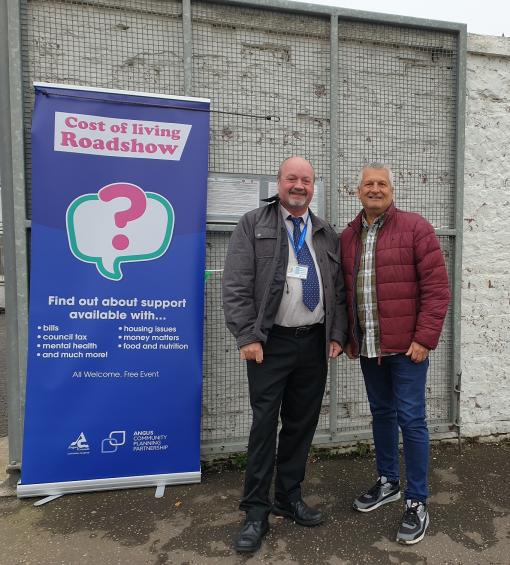 Cllr Meechan, Spokesperson for Poverty, Welfare Rights and Equalities with Mike Caird, Chairman of Arbroath FC where the event was held