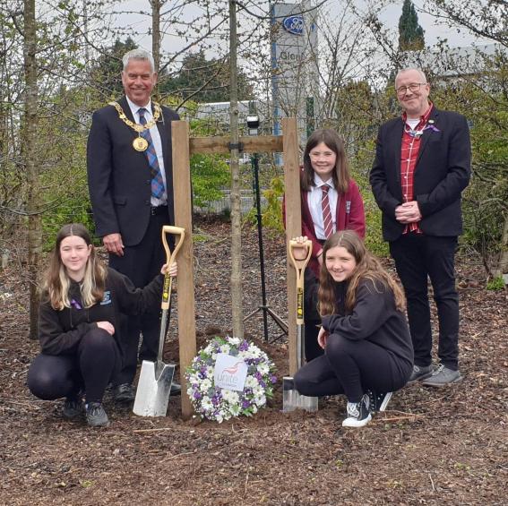 Young people from Forfar Academy with Angus Council's Lord Provost Brian Boyd and UNISON Angus's Chris Boyle at the international worker's memorial day memorial