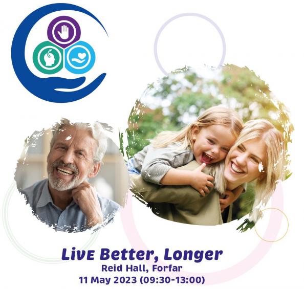 image of older man smiling and image of mum and dad smiling with text Live Better, Longer event