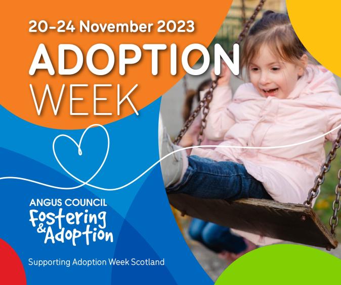 colourful image with little girl on swing smiling and text Adoption Week 20-24 November