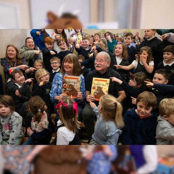 Author, Julia Donaldson with guests, school children and staff at Auchterhouse PS - launching 25 years of The Gruffalo book