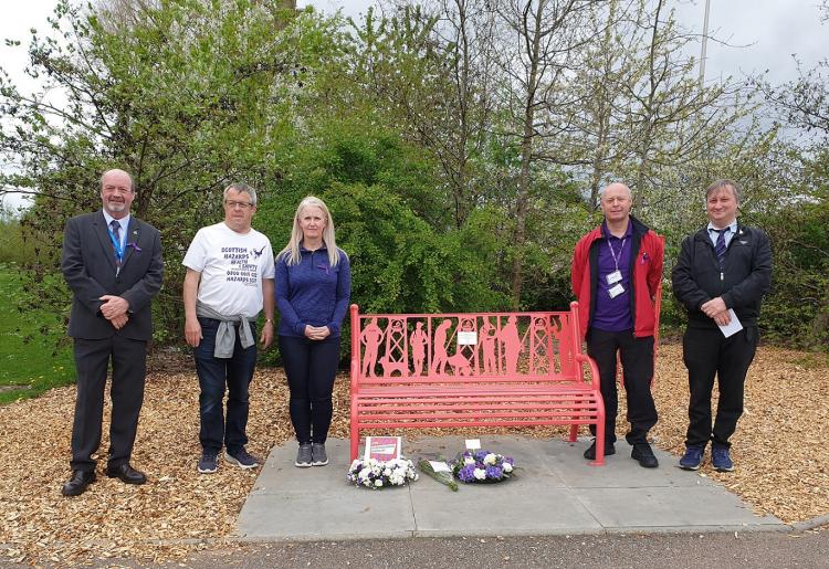 Photo from memorial event – Angus Council Leader Cllr George Meechan, Ian Tasker – Scottish Hazards, Louise Adamson – Scottish Hazards, Roy Beedie - UNISON, George Ramsay – Unite the Union,