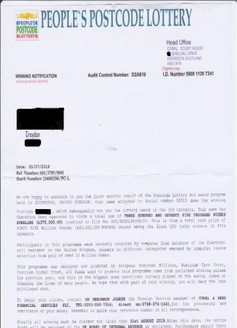 postcode lottery scam letter