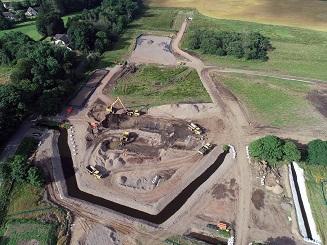Aerial view of the earthworks for the flood storage area at Brothock Meadows