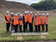 Photo (left to right) Angus Council (AC) Cllr Lloyd Melville, Sarah Burnett Scottish Futures Trust, AC Chief Executive Margo Williamson, Doug Keillor Robertson Construction, Craig Lusby Depute Head Monifieth HS, Andy Dingwall HT Monifieth HS  AC Council Leader Cllr Beth Whiteside, Cllr Devine and Cllr Heather Doran at sod cutting ceremony for new Monifieth Learning Campus